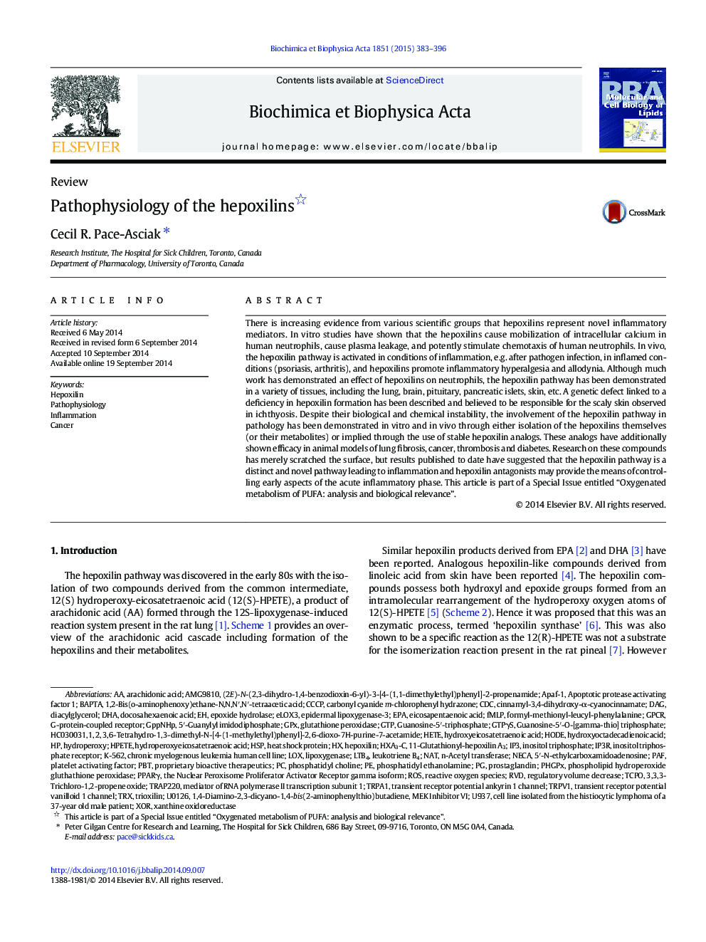 Pathophysiology of the hepoxilins