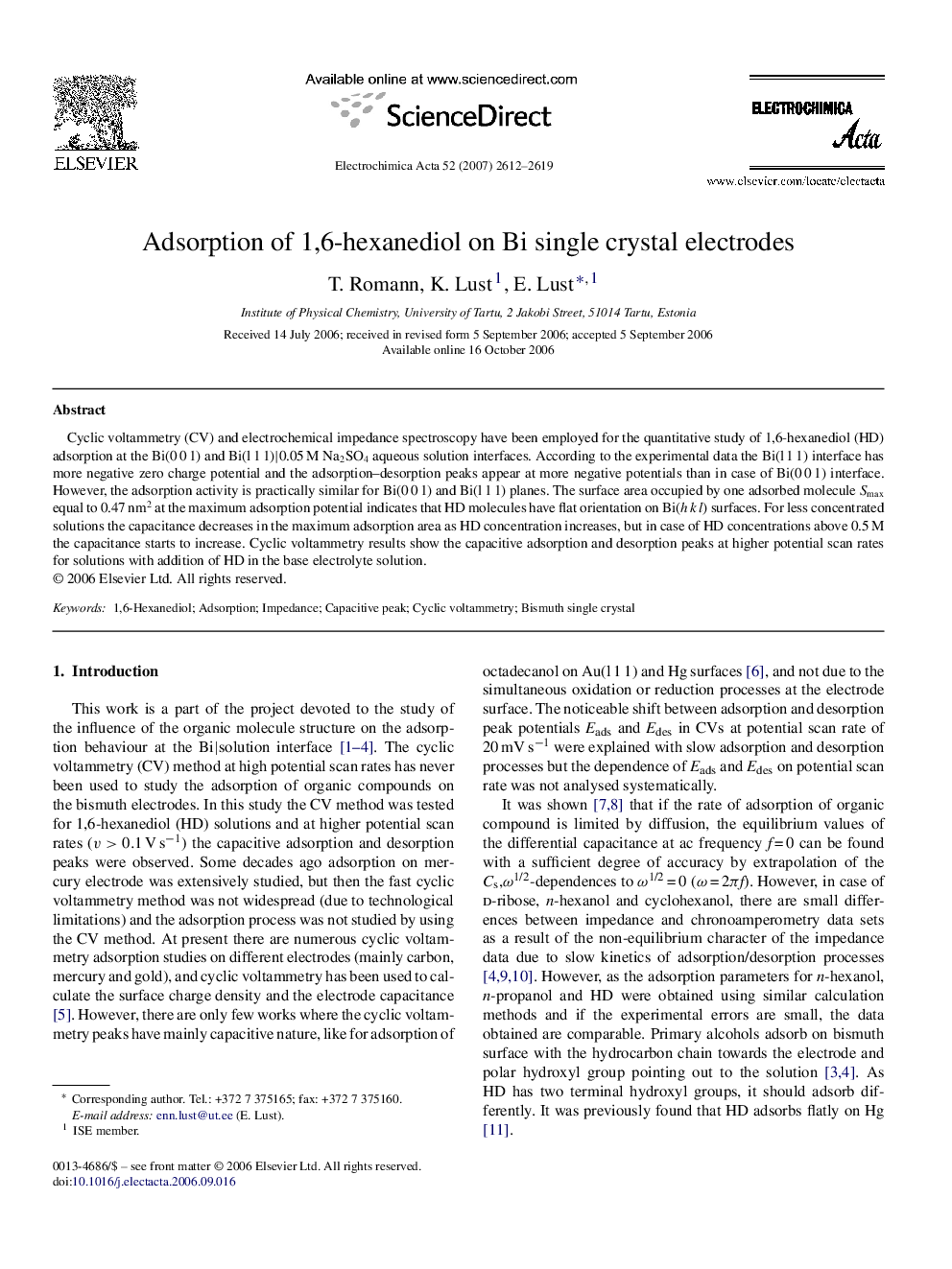 Adsorption of 1,6-hexanediol on Bi single crystal electrodes