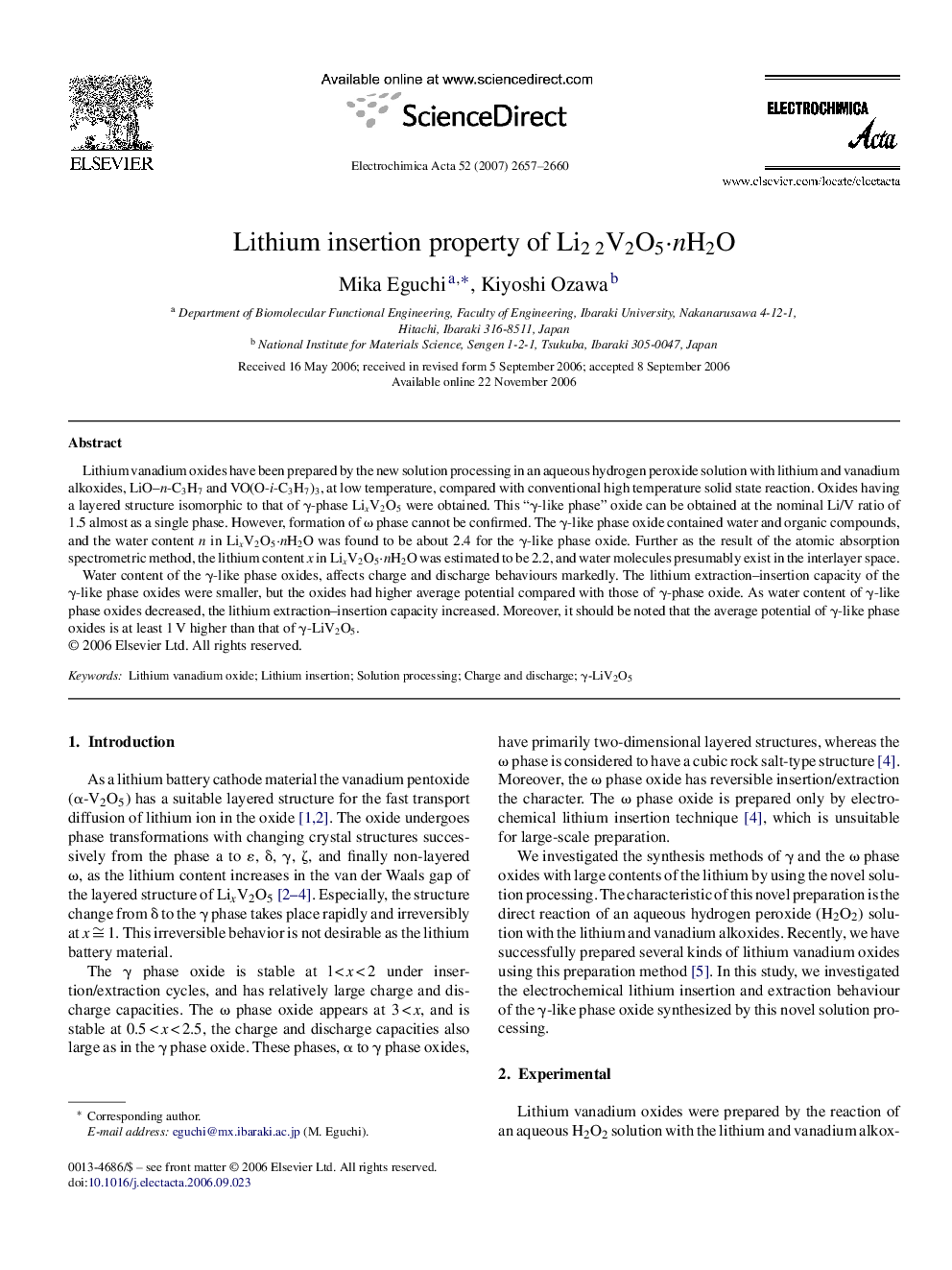 Lithium insertion property of Li2 2V2O5·nH2O