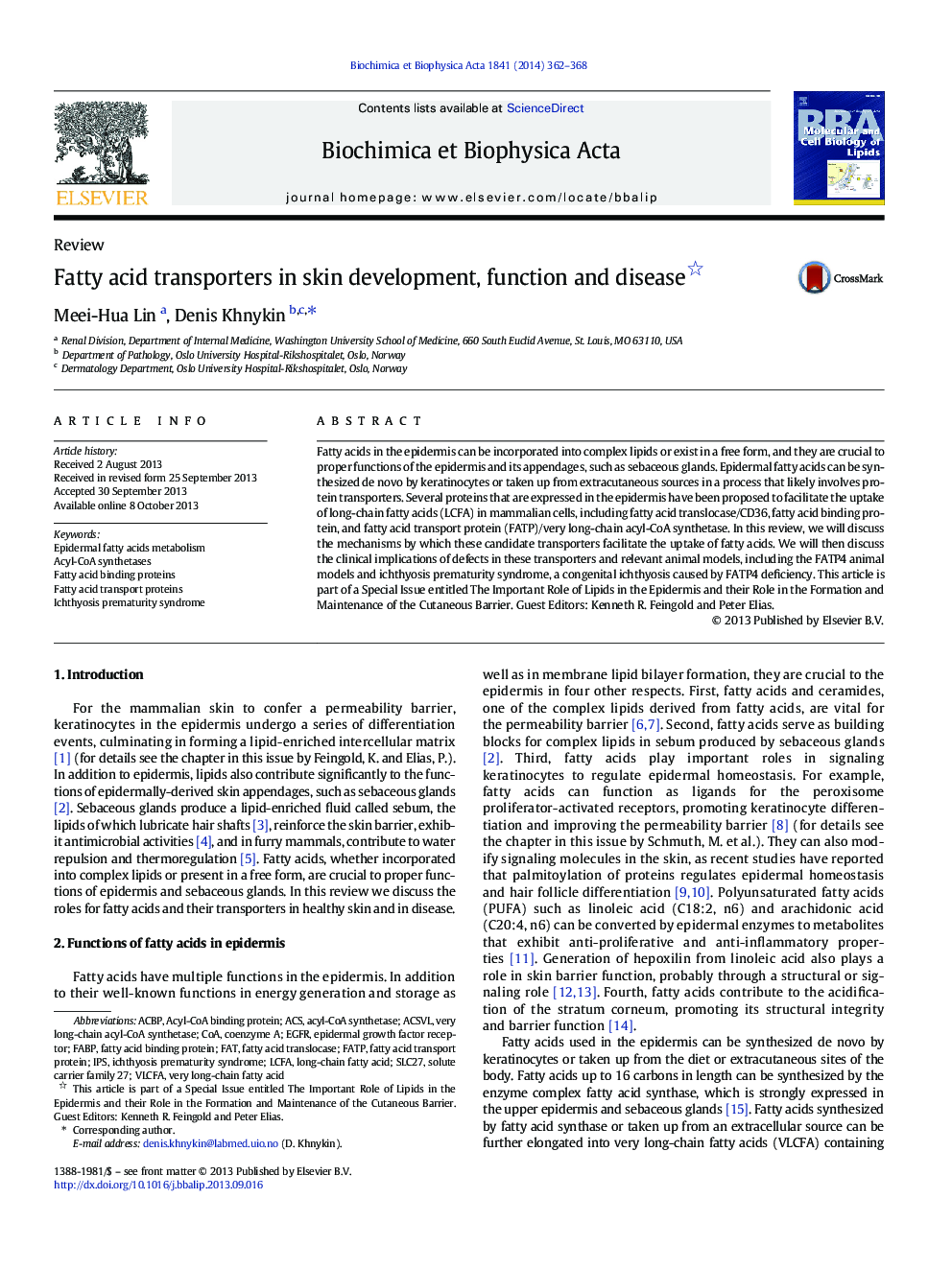 Fatty acid transporters in skin development, function and disease 