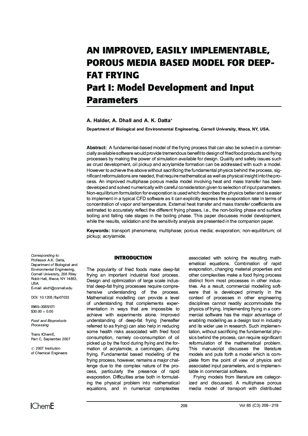 An Improved, Easily Implementable, Porous Media Based Model for Deep-Fat Frying: Part I: Model Development and Input Parameters