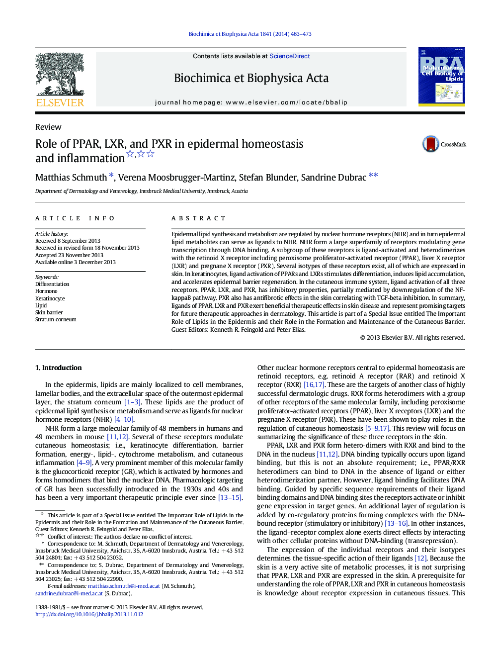 Role of PPAR, LXR, and PXR in epidermal homeostasis and inflammation 