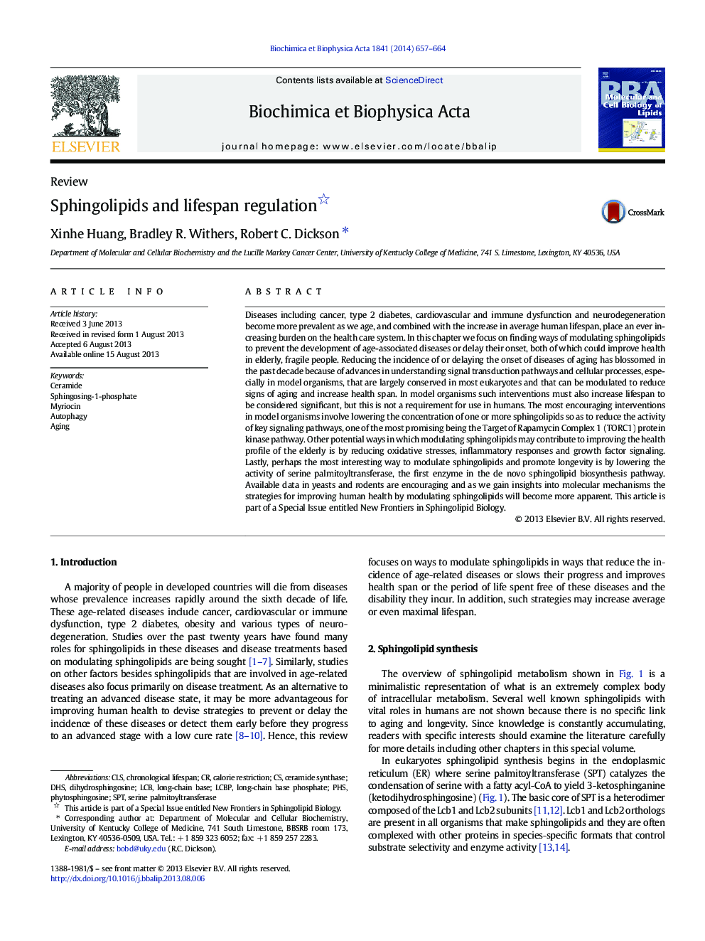 Sphingolipids and lifespan regulation 