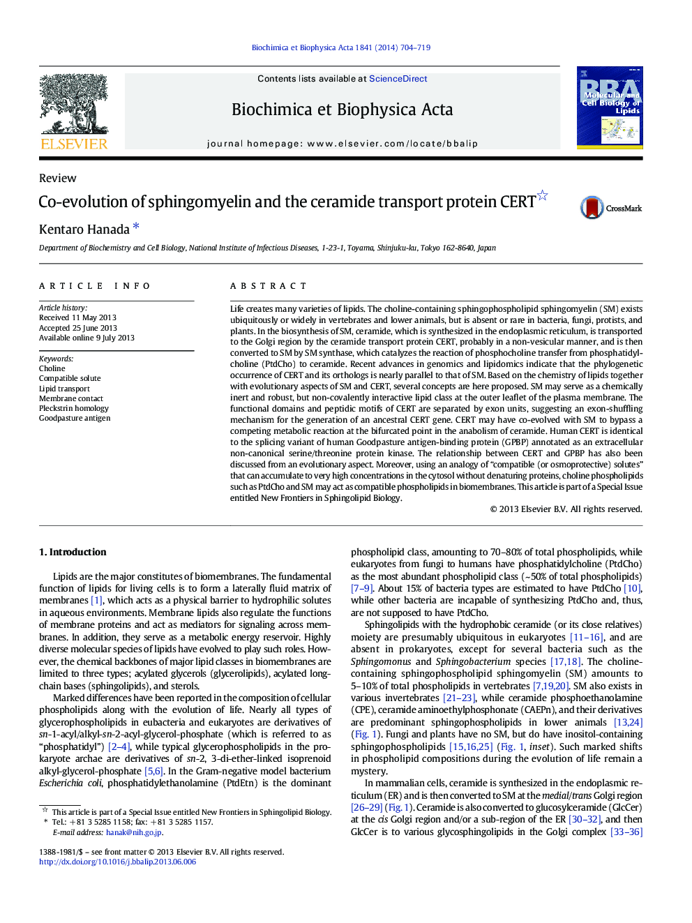 Co-evolution of sphingomyelin and the ceramide transport protein CERT 