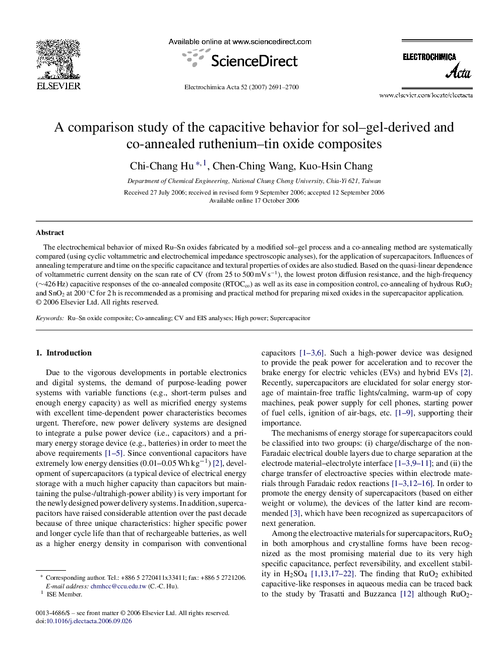 A comparison study of the capacitive behavior for sol–gel-derived and co-annealed ruthenium–tin oxide composites