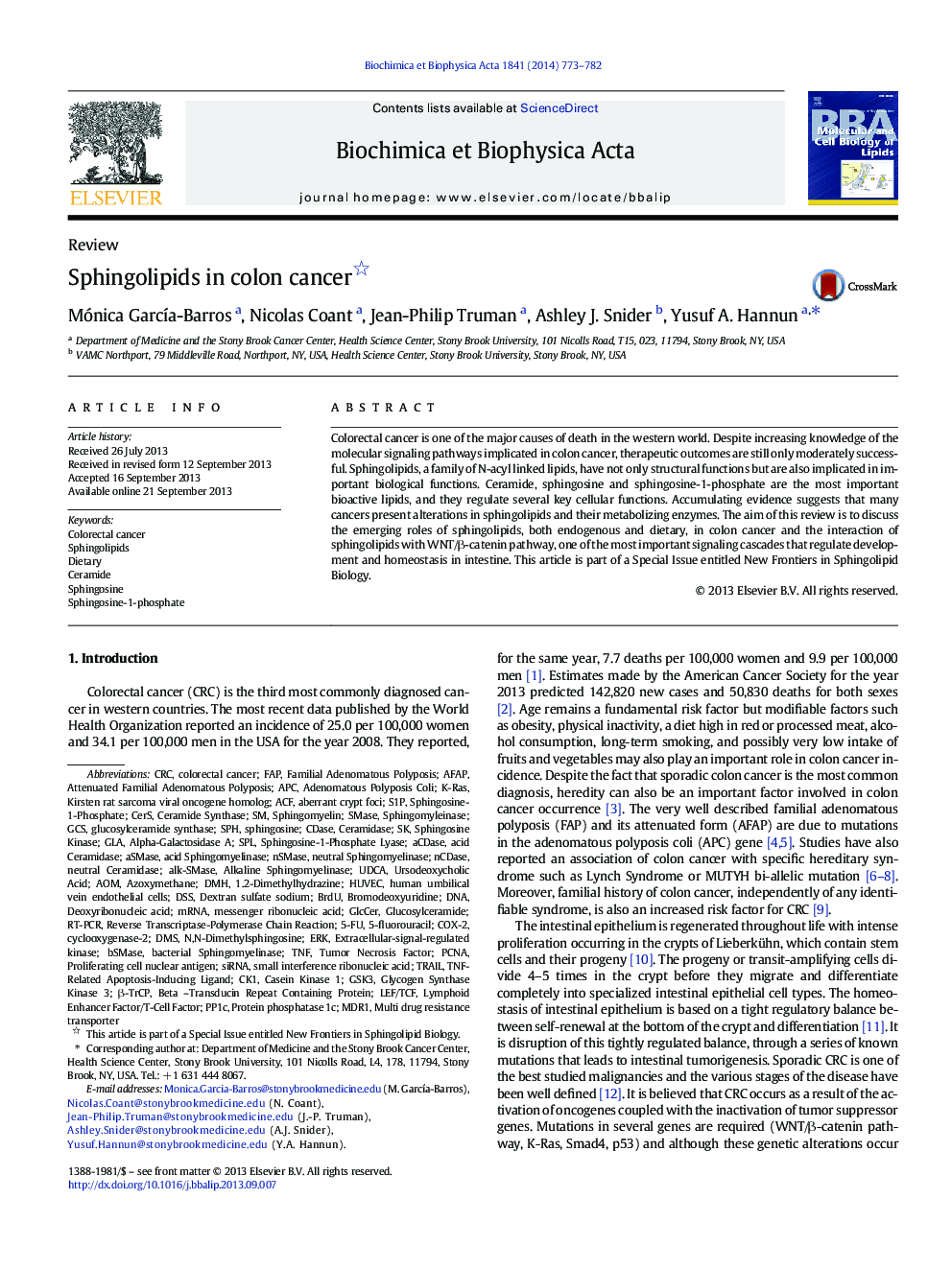 Sphingolipids in colon cancer 