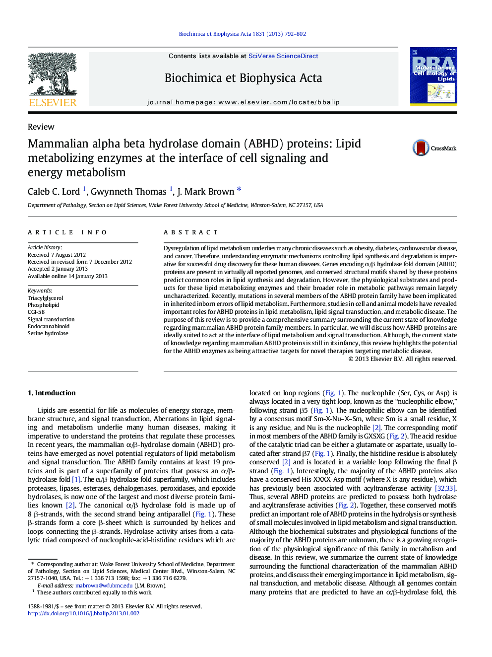 Mammalian alpha beta hydrolase domain (ABHD) proteins: Lipid metabolizing enzymes at the interface of cell signaling and energy metabolism