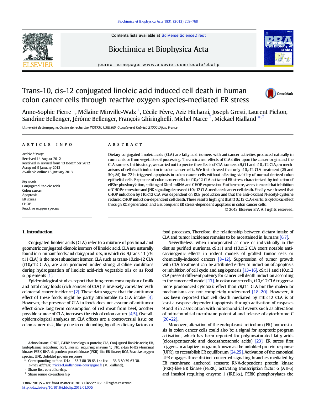 Trans-10, cis-12 conjugated linoleic acid induced cell death in human colon cancer cells through reactive oxygen species-mediated ER stress