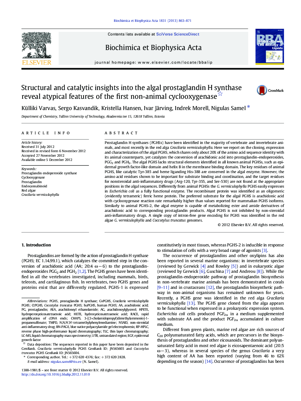 Structural and catalytic insights into the algal prostaglandin H synthase reveal atypical features of the first non-animal cyclooxygenase 