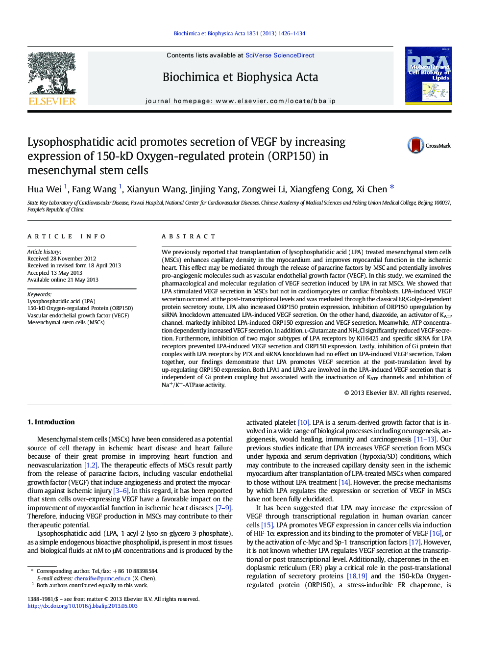 Lysophosphatidic acid promotes secretion of VEGF by increasing expression of 150-kD Oxygen-regulated protein (ORP150) in mesenchymal stem cells