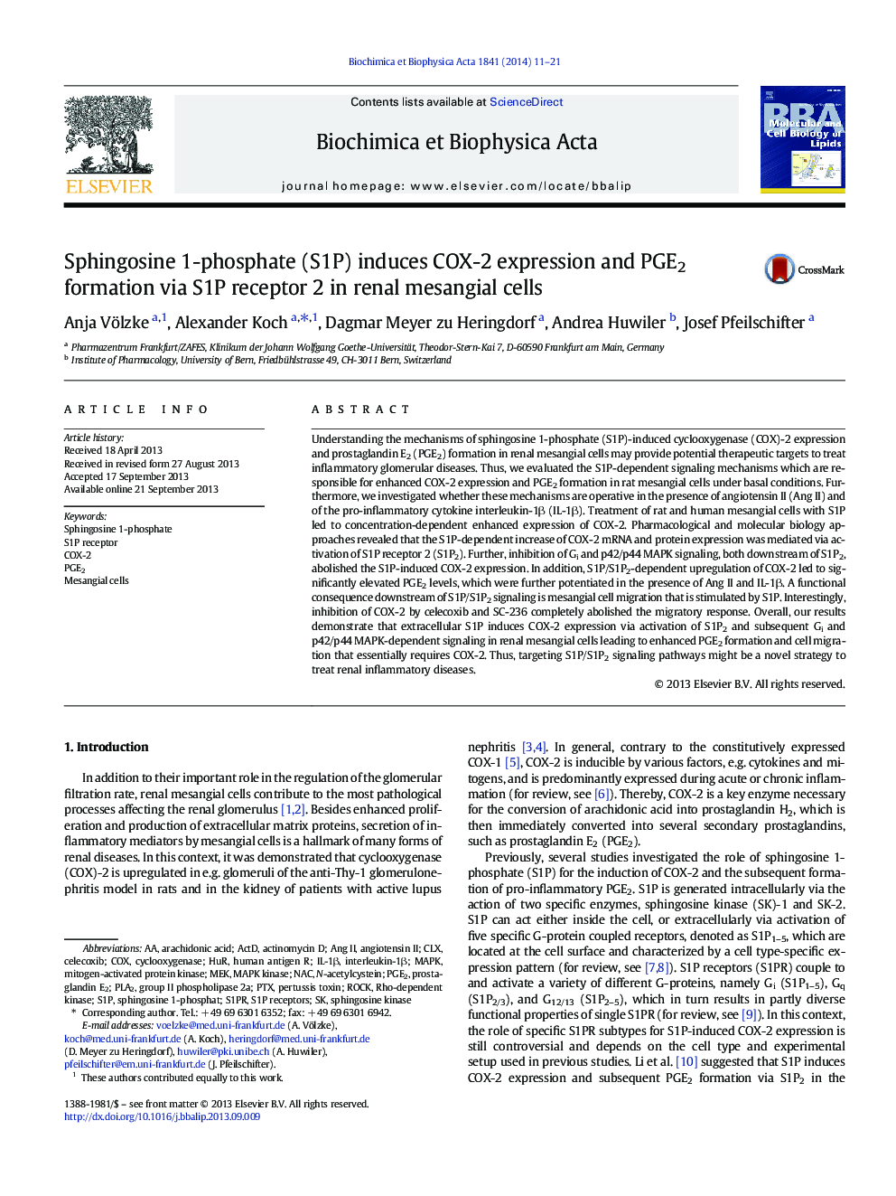 Sphingosine 1-phosphate (S1P) induces COX-2 expression and PGE2 formation via S1P receptor 2 in renal mesangial cells