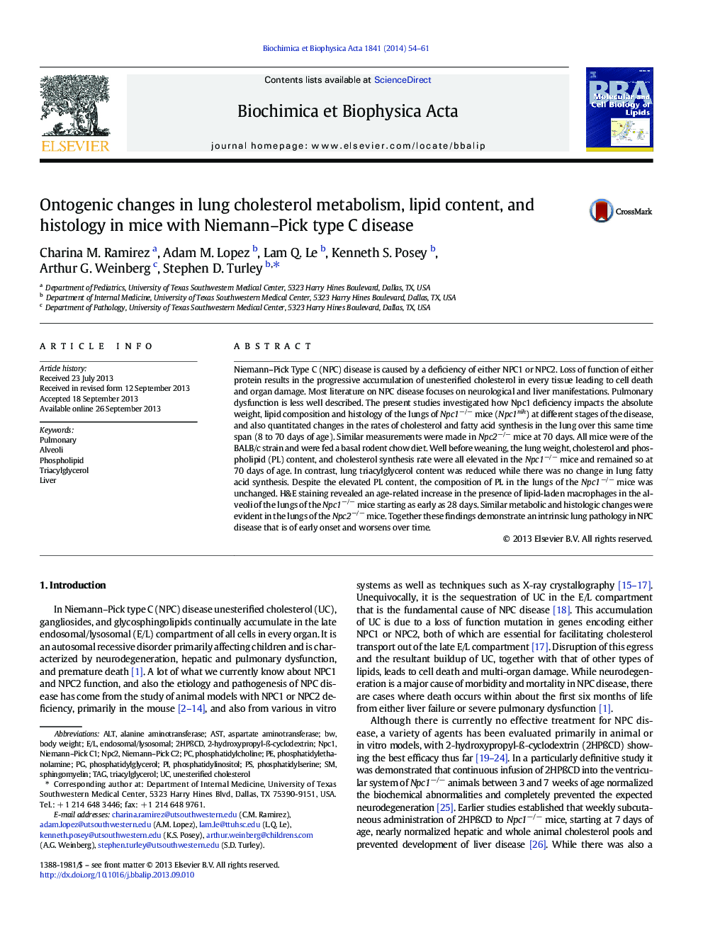 Ontogenic changes in lung cholesterol metabolism, lipid content, and histology in mice with Niemann–Pick type C disease