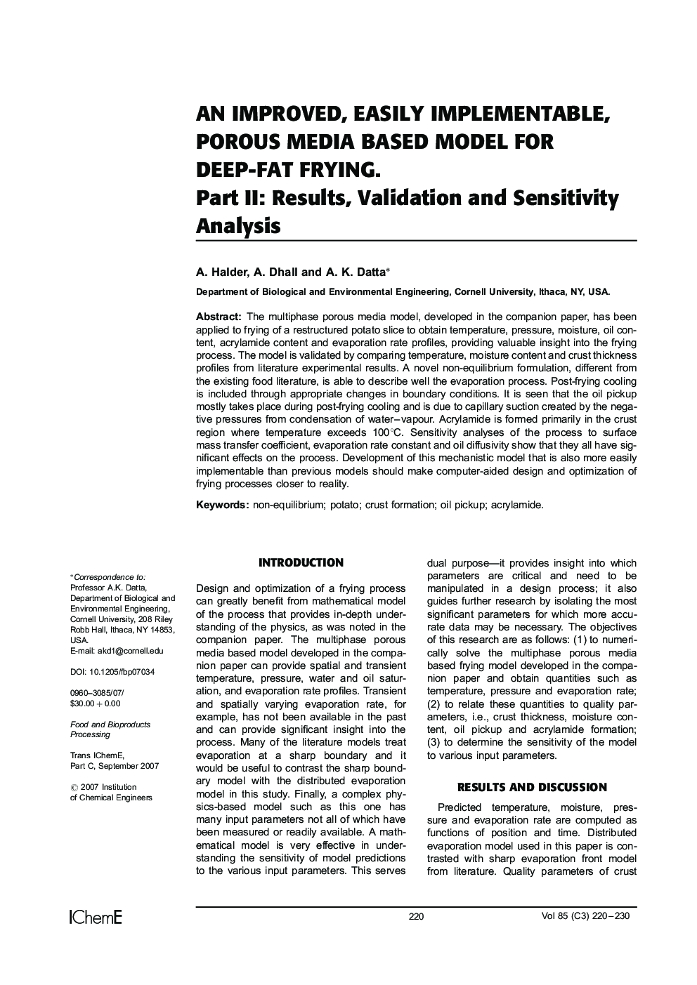 An Improved, Easily Implementable, Porous Media Based Model for Deep-Fat Frying: Part II: Results, Validation and Sensitivity Analysis