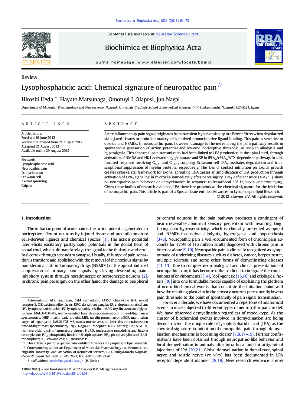 Lysophosphatidic acid: Chemical signature of neuropathic pain 