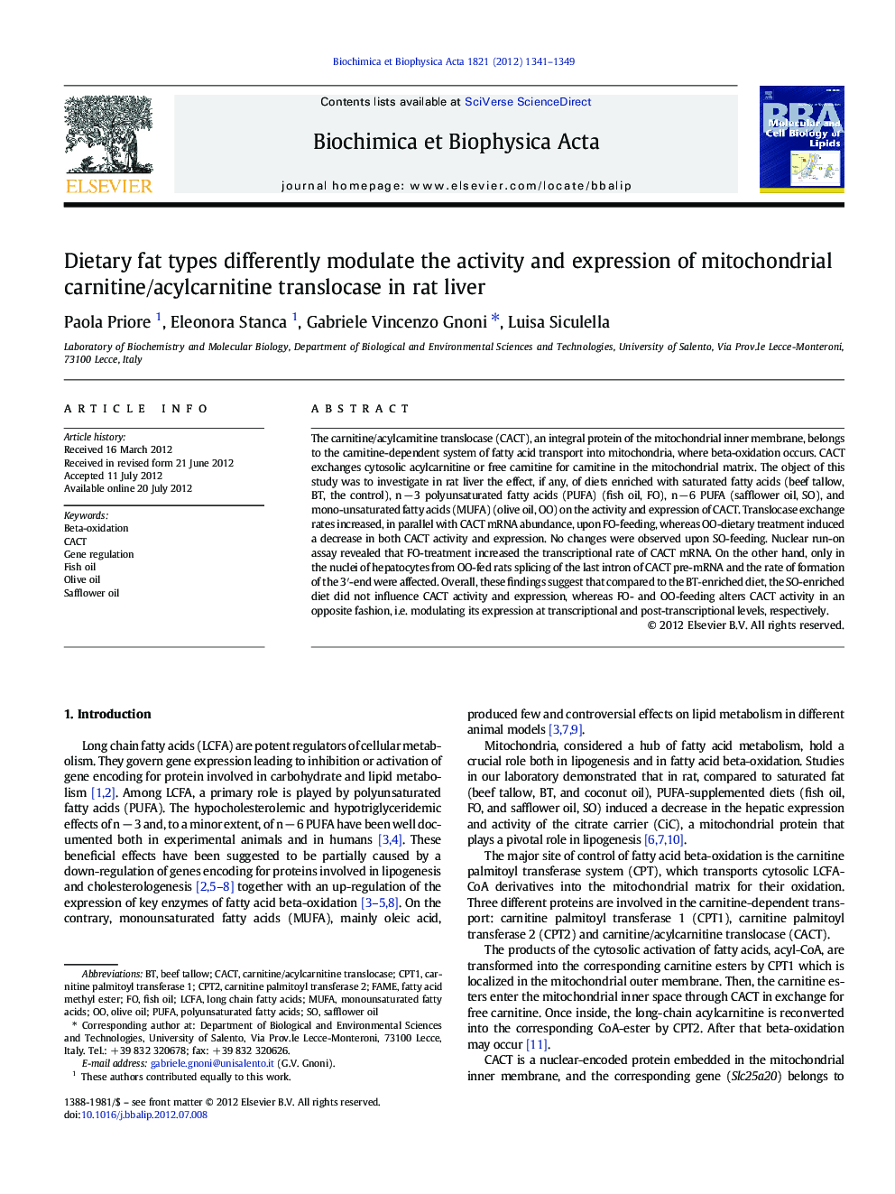 Dietary fat types differently modulate the activity and expression of mitochondrial carnitine/acylcarnitine translocase in rat liver