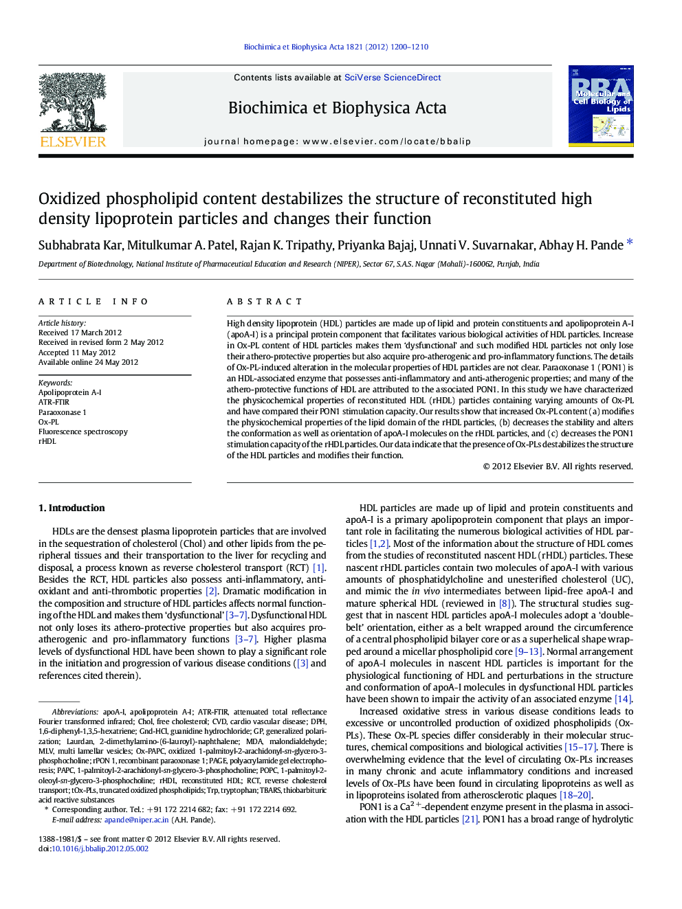 Oxidized phospholipid content destabilizes the structure of reconstituted high density lipoprotein particles and changes their function