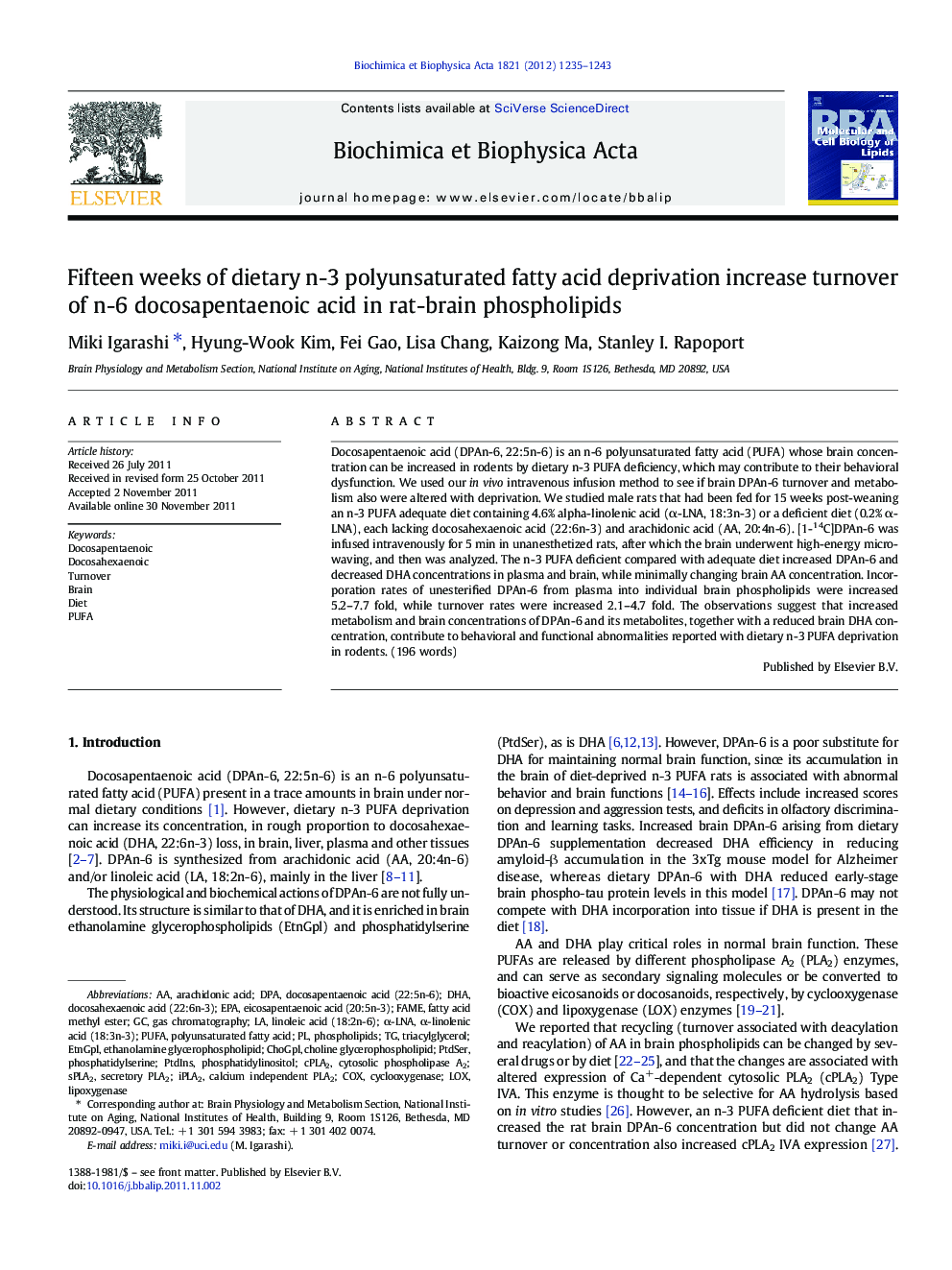 Fifteen weeks of dietary n-3 polyunsaturated fatty acid deprivation increase turnover of n-6 docosapentaenoic acid in rat-brain phospholipids