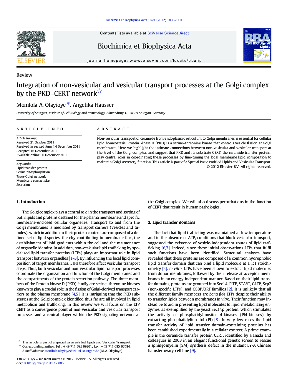 عکس صفحه اول مقاله: Integration of non-vesicular and vesicular transport processes at the Golgi complex by the PKD-CERT network Integration of non-vesicular and vesicular transport processes at the Golgi complex by the PKD-CERT network