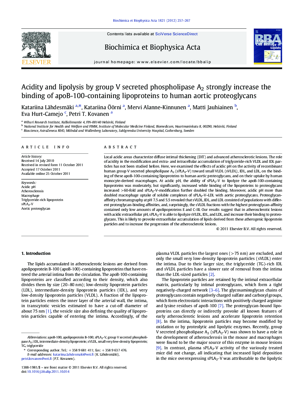 Acidity and lipolysis by group V secreted phospholipase A2 strongly increase the binding of apoB-100-containing lipoproteins to human aortic proteoglycans