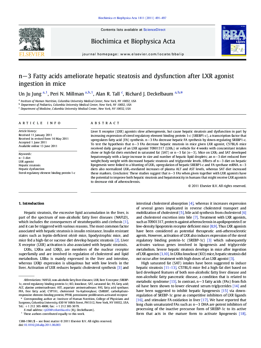 nâ3 Fatty acids ameliorate hepatic steatosis and dysfunction after LXR agonist ingestion in mice