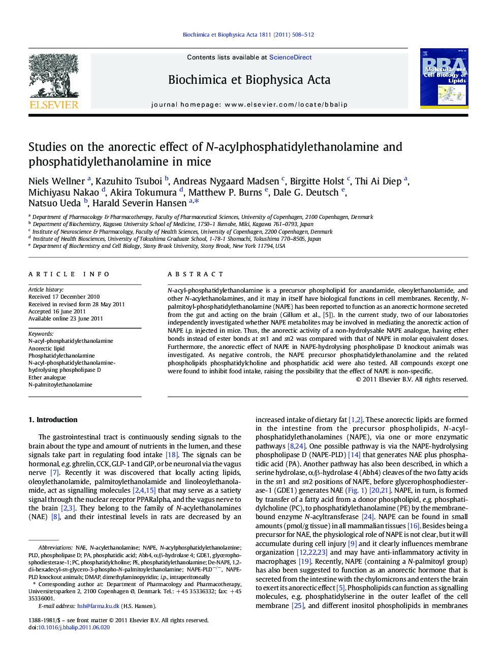 Studies on the anorectic effect of N-acylphosphatidylethanolamine and phosphatidylethanolamine in mice