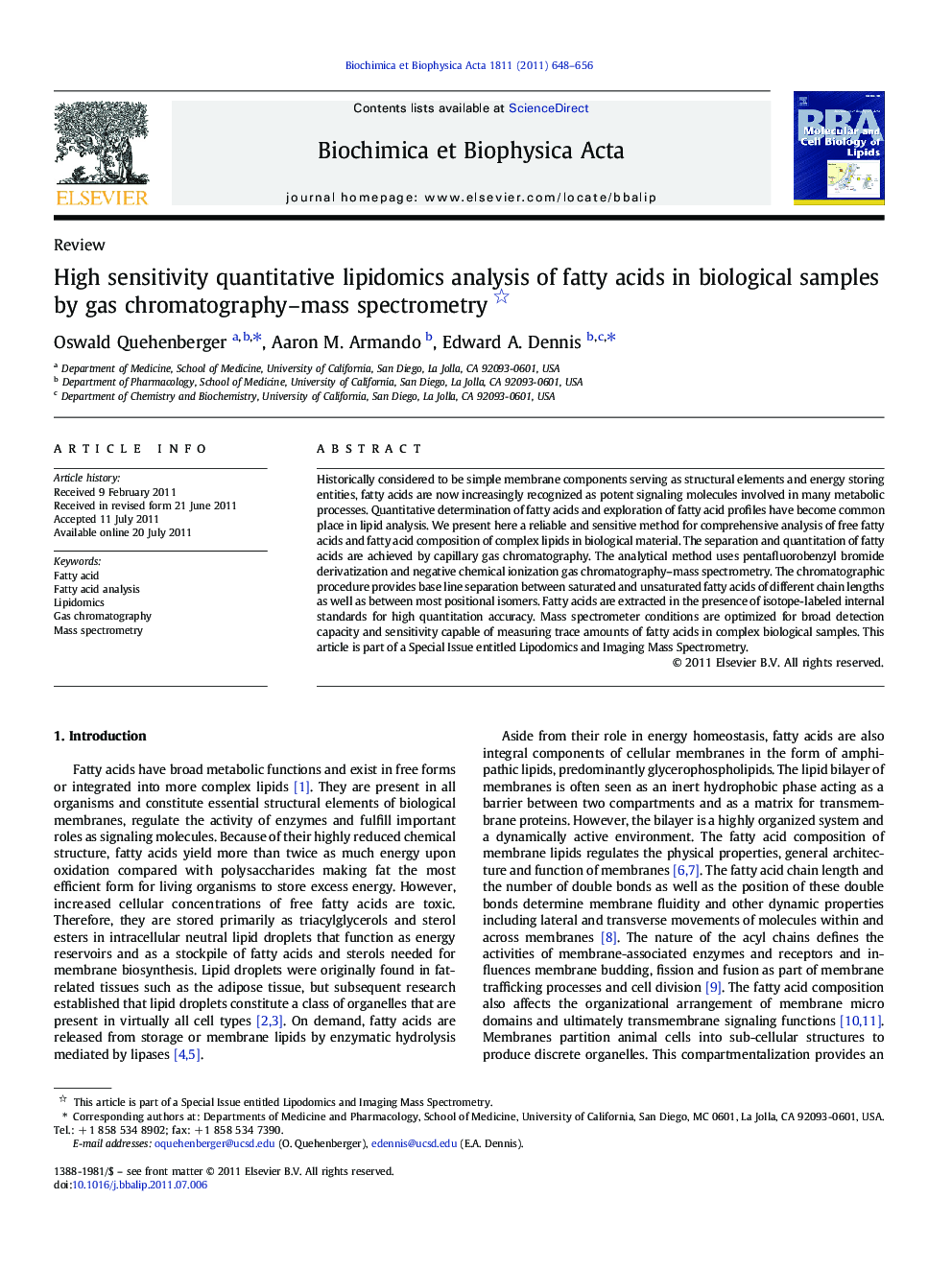 High sensitivity quantitative lipidomics analysis of fatty acids in biological samples by gas chromatography-mass spectrometry