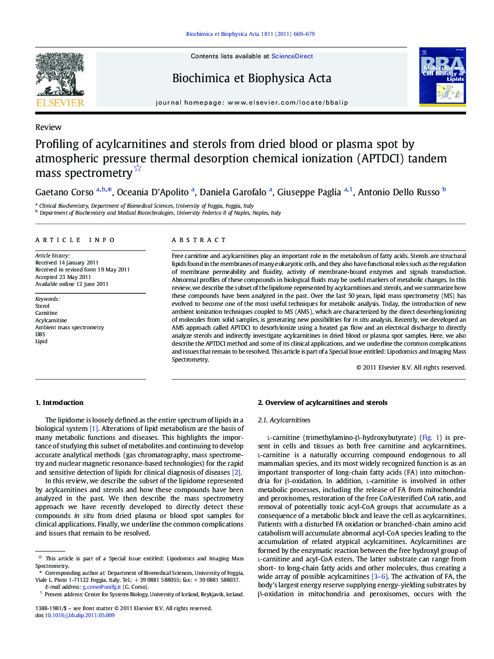 Profiling of acylcarnitines and sterols from dried blood or plasma spot by atmospheric pressure thermal desorption chemical ionization (APTDCI) tandem mass spectrometry