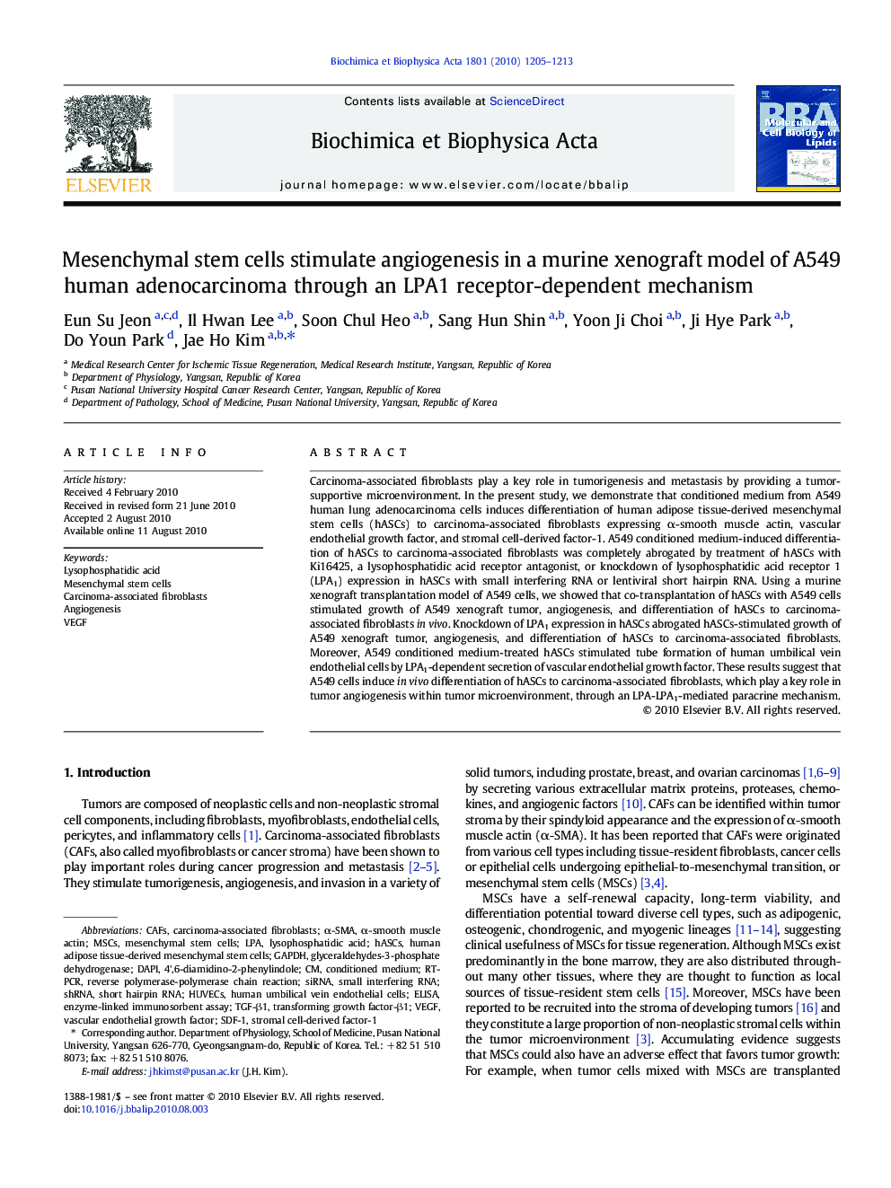 Mesenchymal stem cells stimulate angiogenesis in a murine xenograft model of A549 human adenocarcinoma through an LPA1 receptor-dependent mechanism