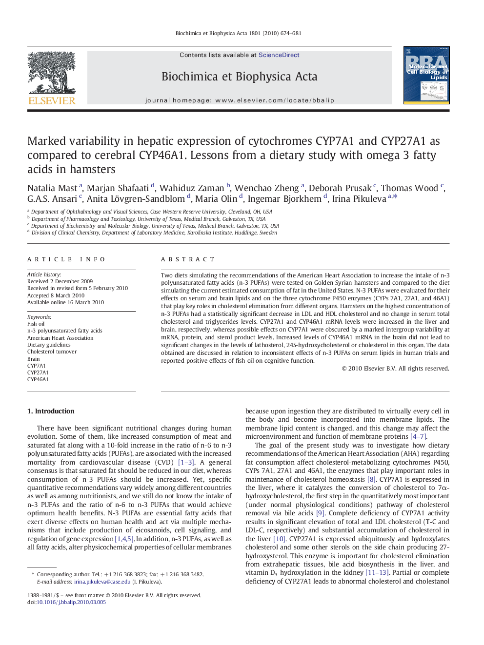 Marked variability in hepatic expression of cytochromes CYP7A1 and CYP27A1 as compared to cerebral CYP46A1. Lessons from a dietary study with omega 3 fatty acids in hamsters