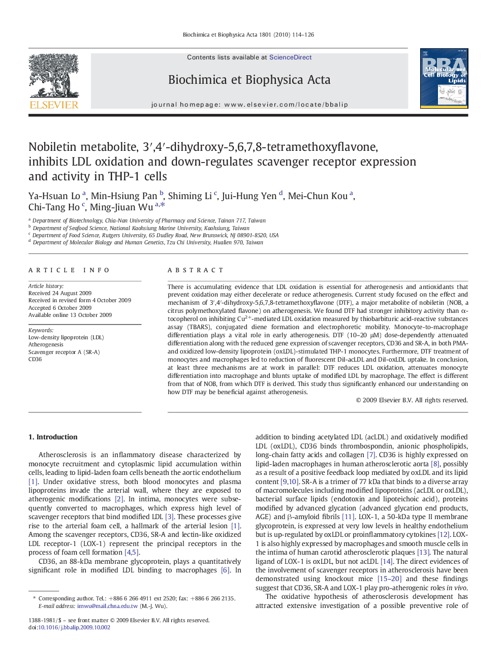 Nobiletin metabolite, 3′,4′-dihydroxy-5,6,7,8-tetramethoxyflavone, inhibits LDL oxidation and down-regulates scavenger receptor expression and activity in THP-1 cells