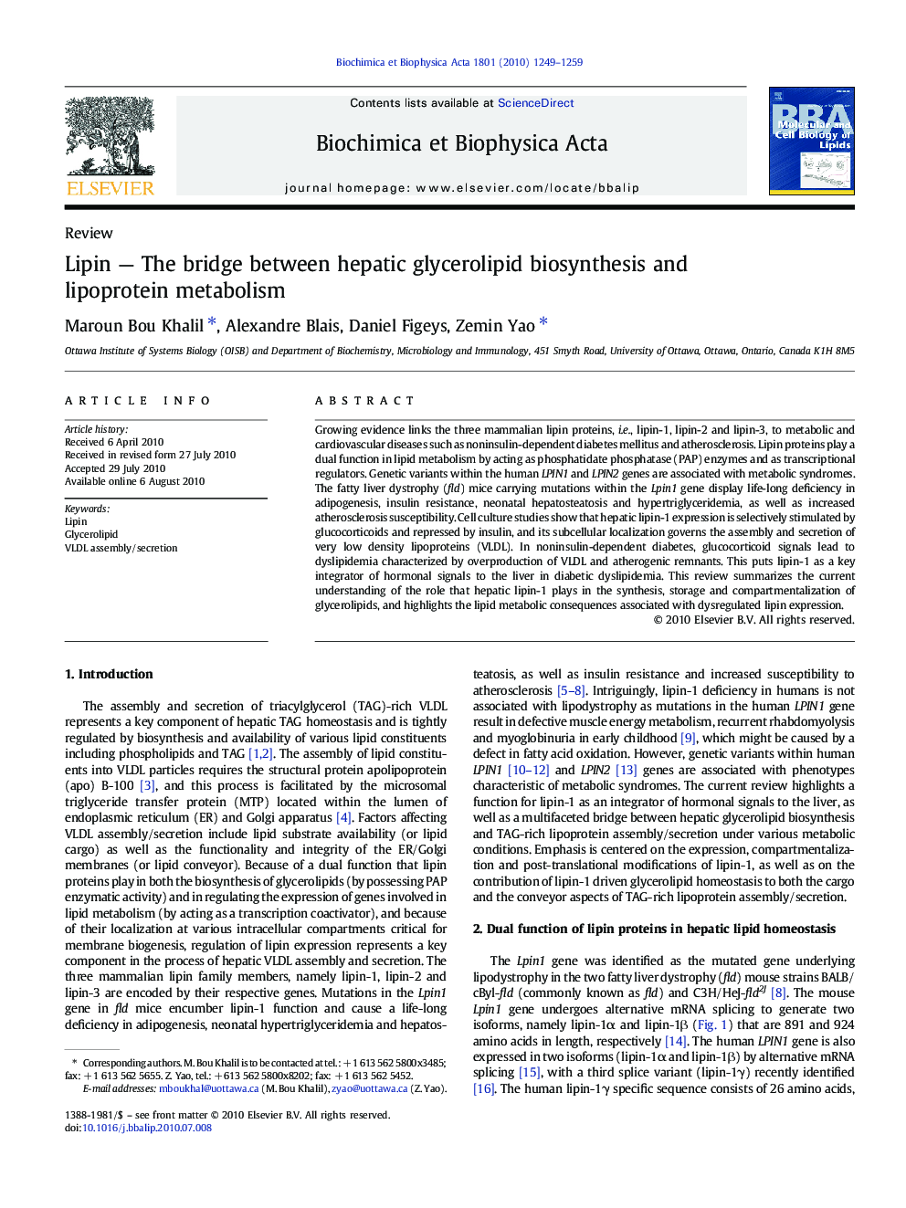 Lipin — The bridge between hepatic glycerolipid biosynthesis and lipoprotein metabolism