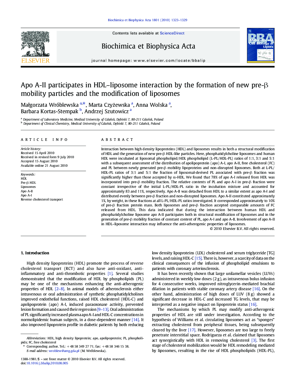 Apo A-II participates in HDL–liposome interaction by the formation of new pre-β mobility particles and the modification of liposomes