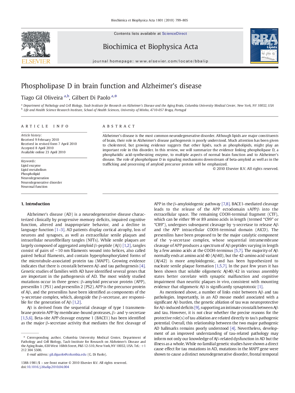 Phospholipase D in brain function and Alzheimer's disease