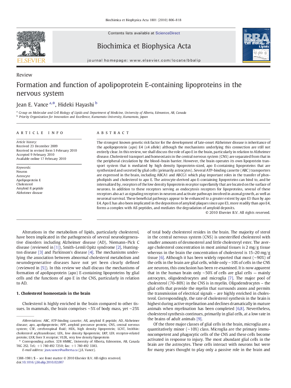 Formation and function of apolipoprotein E-containing lipoproteins in the nervous system