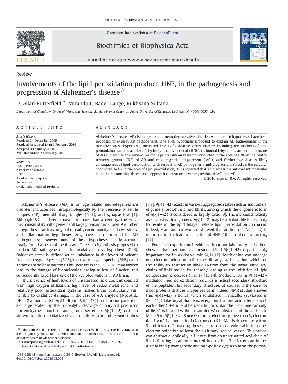 Involvements of the lipid peroxidation product, HNE, in the pathogenesis and progression of Alzheimer's disease 