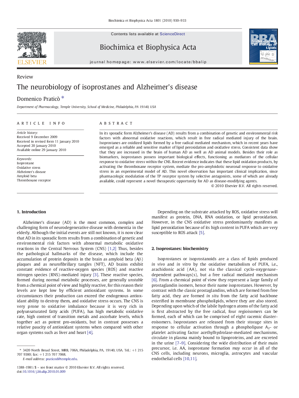 The neurobiology of isoprostanes and Alzheimer's disease