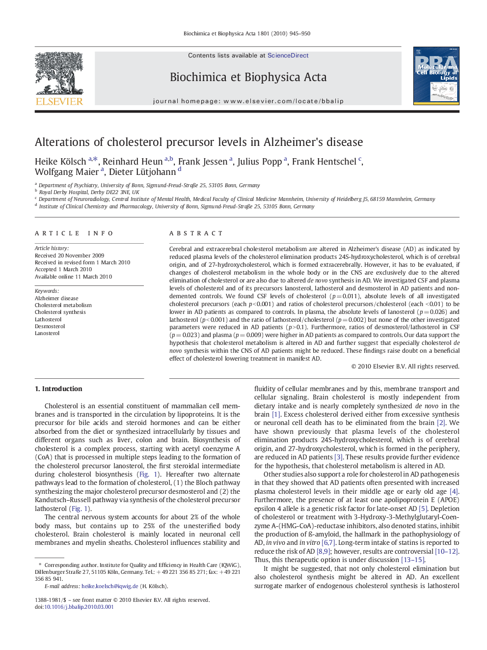 Alterations of cholesterol precursor levels in Alzheimer's disease