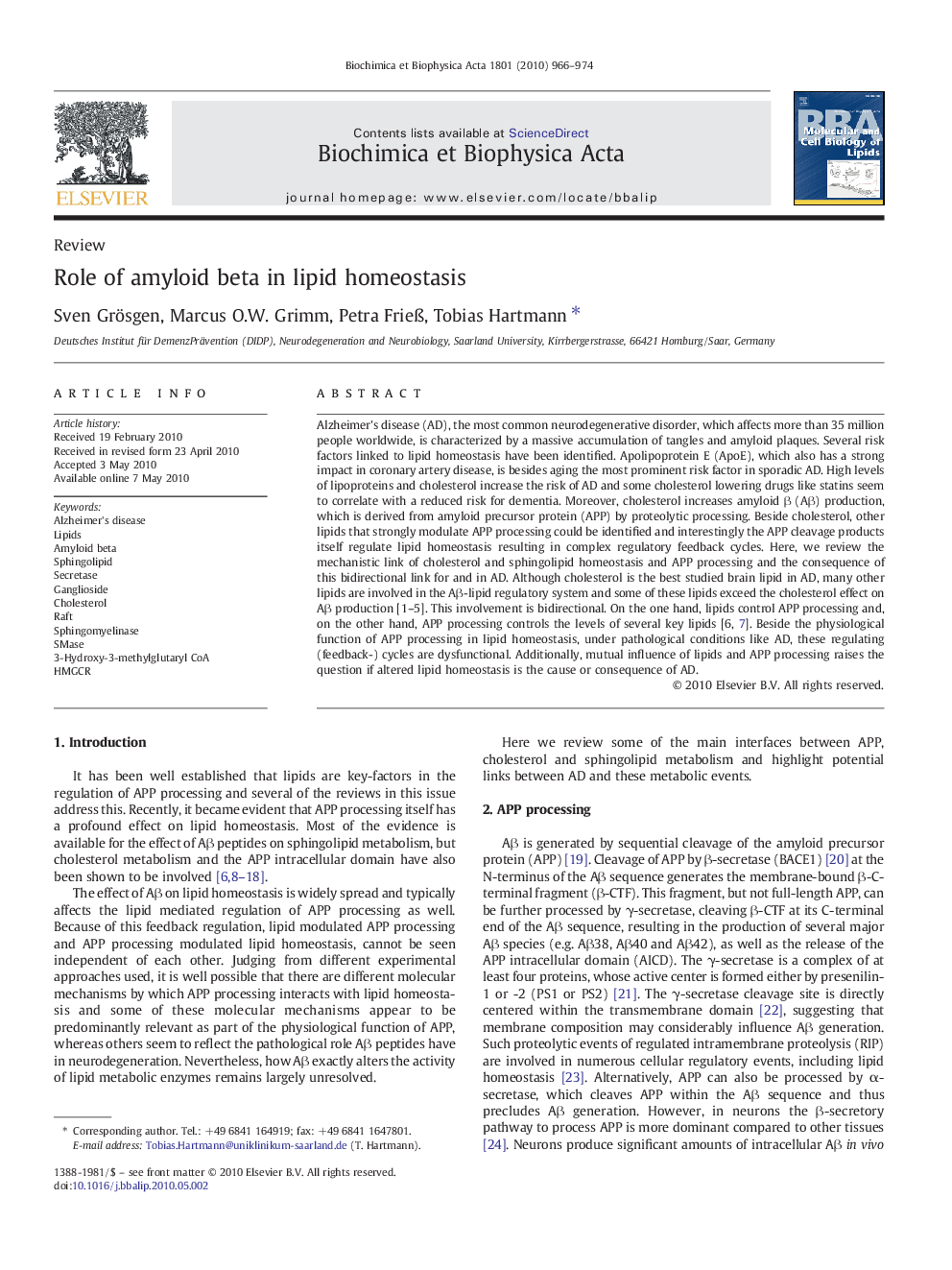 Role of amyloid beta in lipid homeostasis