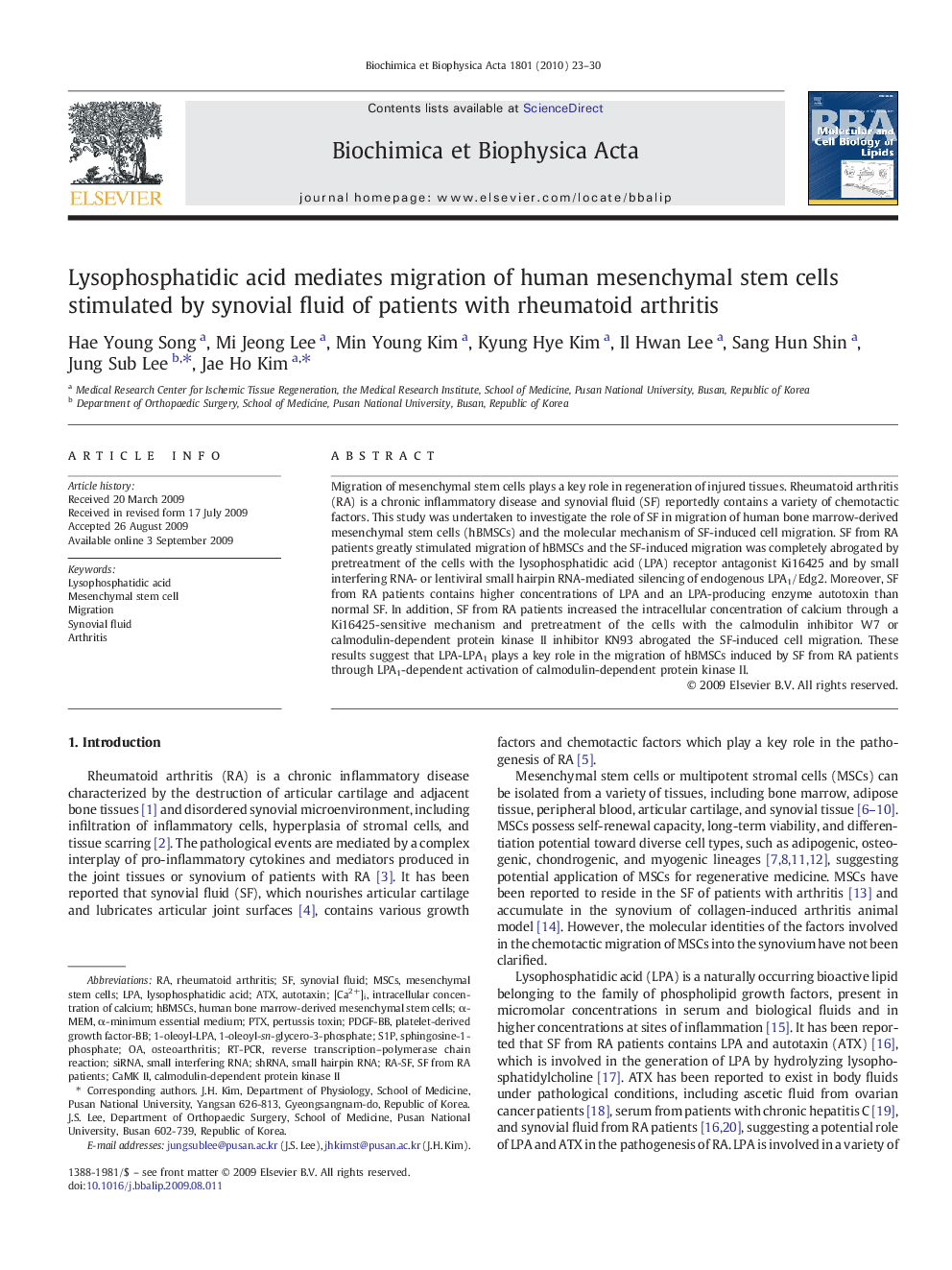 Lysophosphatidic acid mediates migration of human mesenchymal stem cells stimulated by synovial fluid of patients with rheumatoid arthritis