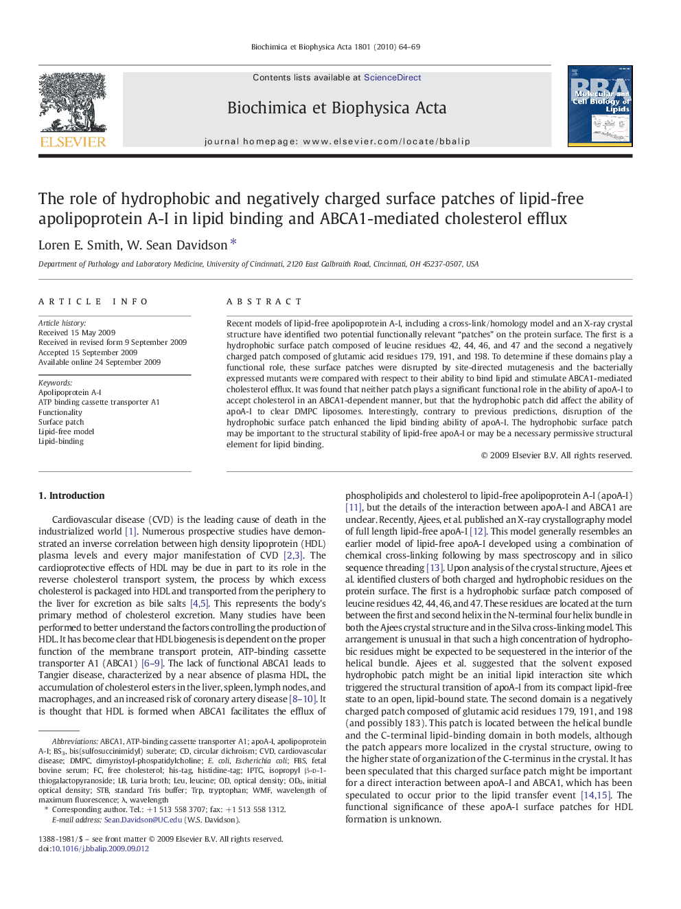 The role of hydrophobic and negatively charged surface patches of lipid-free apolipoprotein A-I in lipid binding and ABCA1-mediated cholesterol efflux