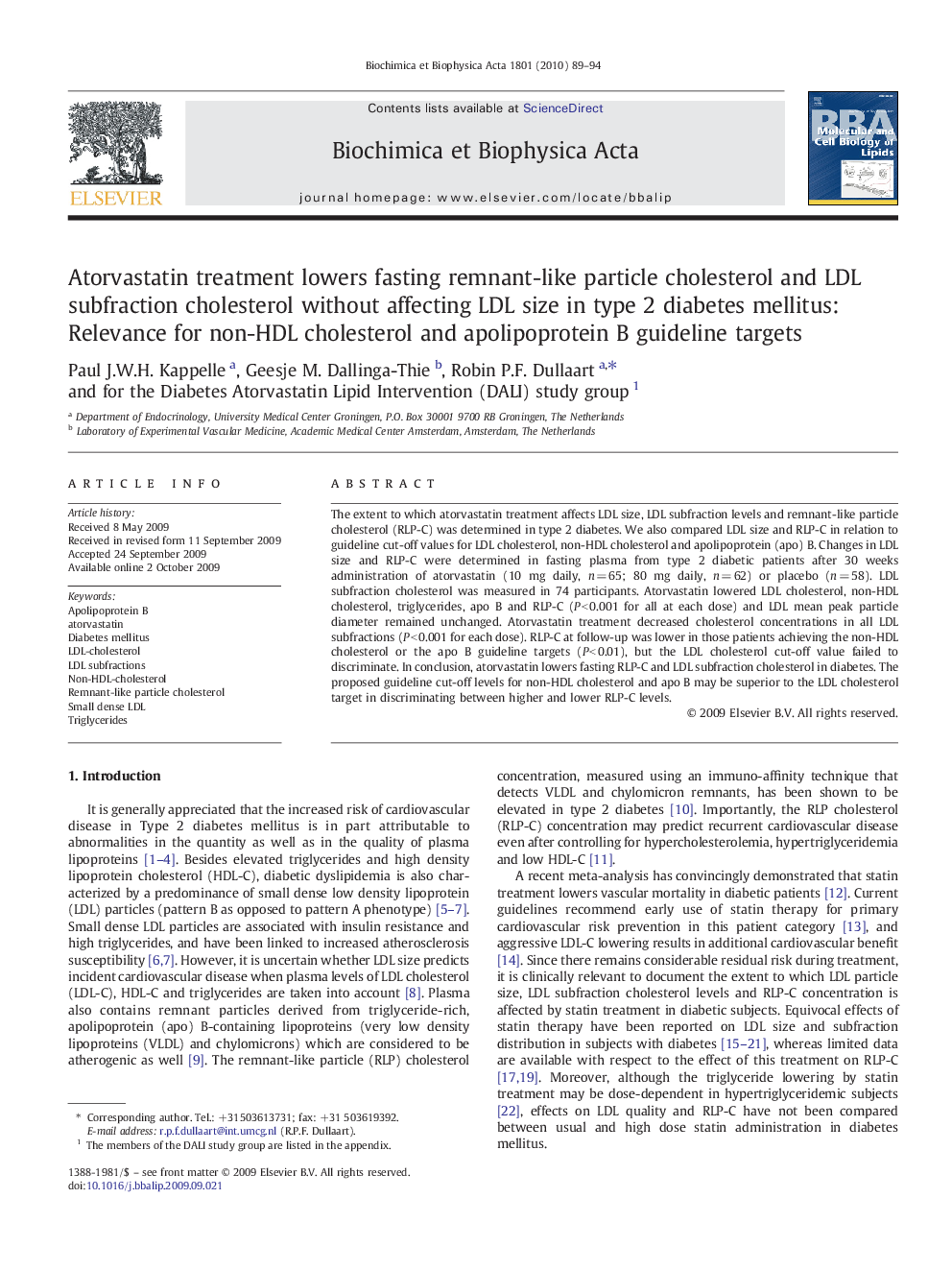 Atorvastatin treatment lowers fasting remnant-like particle cholesterol and LDL subfraction cholesterol without affecting LDL size in type 2 diabetes mellitus: Relevance for non-HDL cholesterol and apolipoprotein B guideline targets