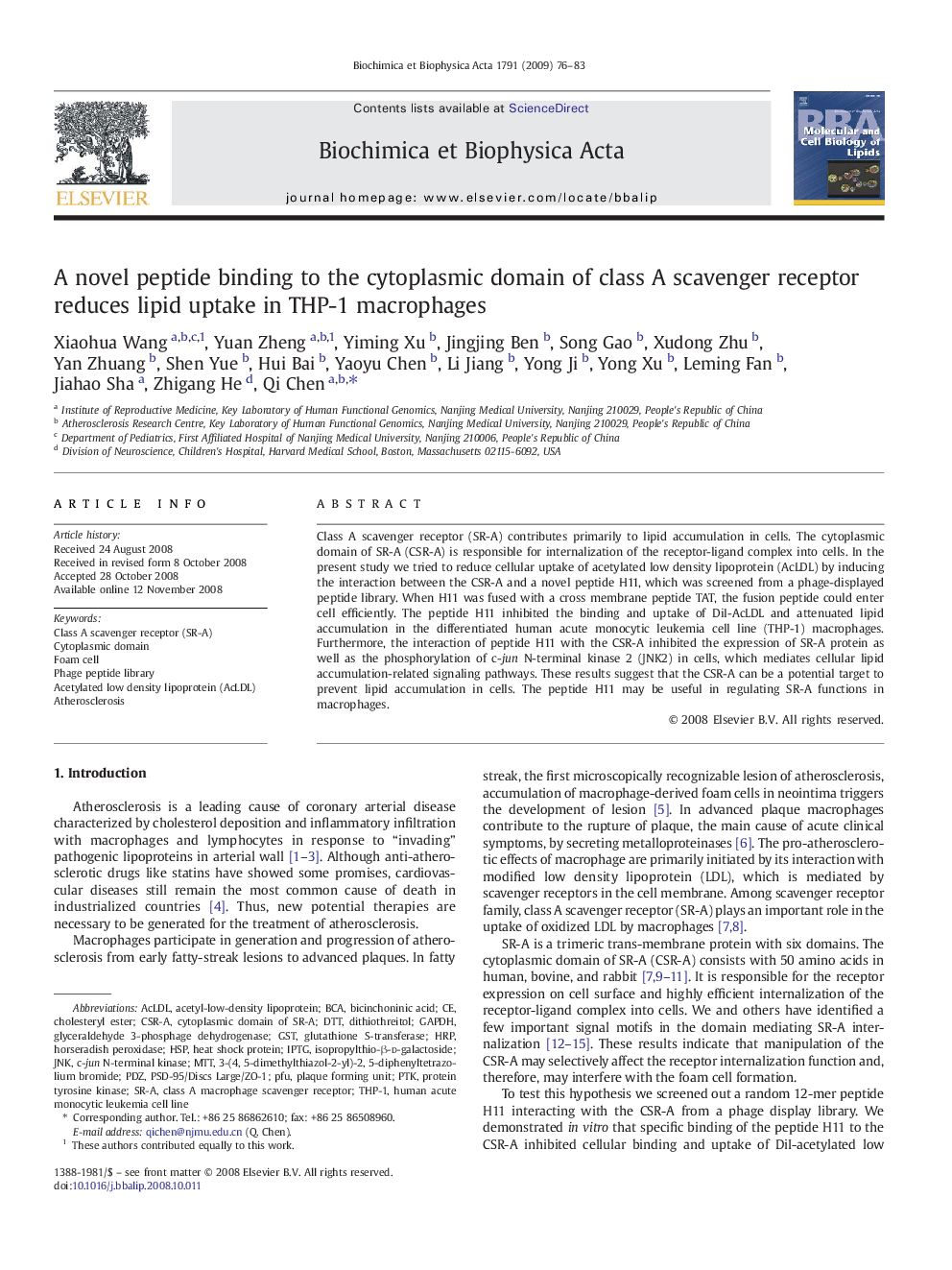 A novel peptide binding to the cytoplasmic domain of class A scavenger receptor reduces lipid uptake in THP-1 macrophages