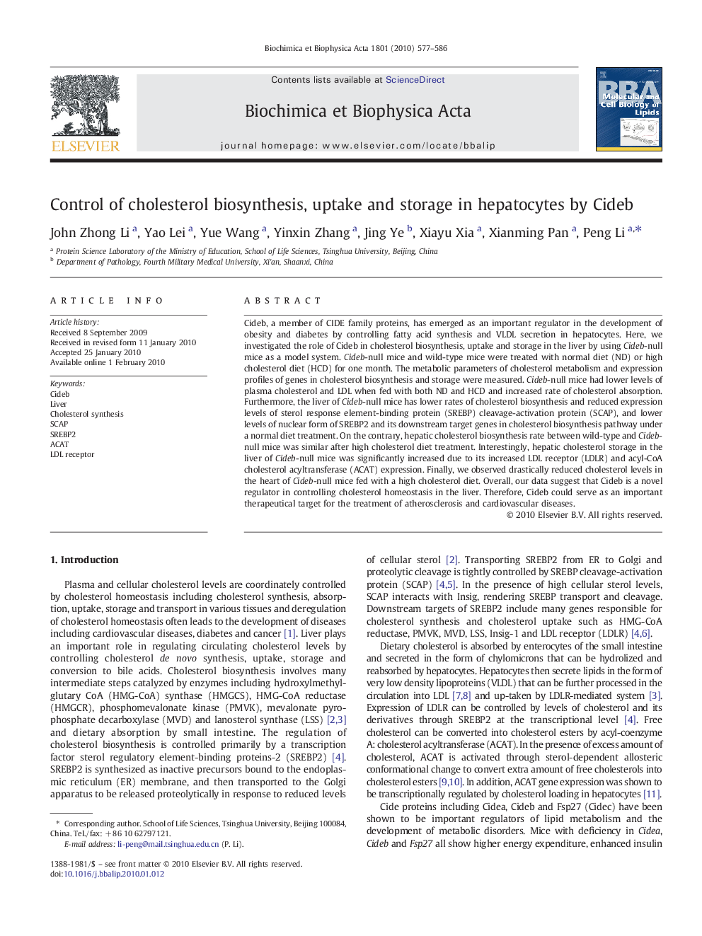Control of cholesterol biosynthesis, uptake and storage in hepatocytes by Cideb