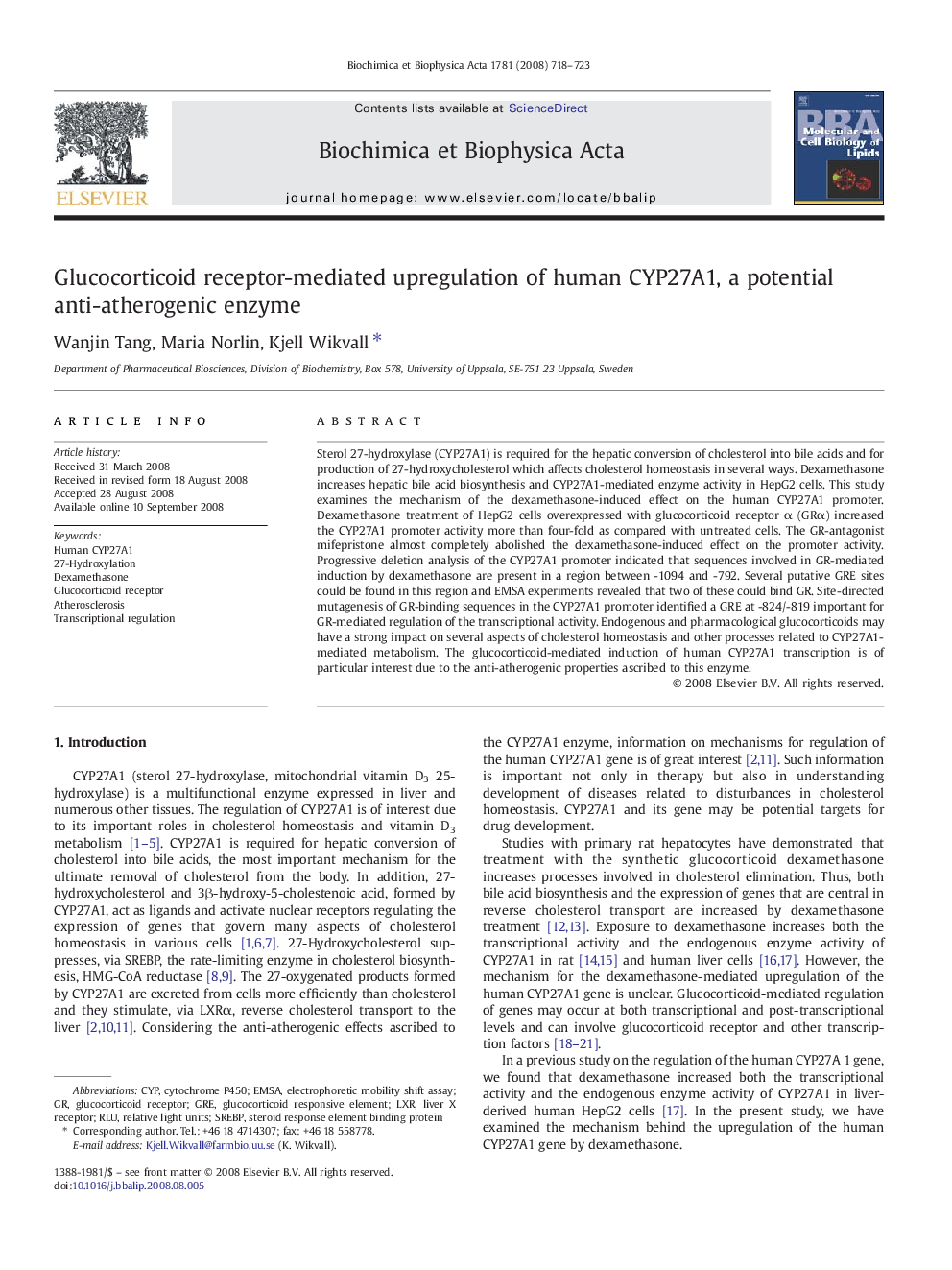 Glucocorticoid receptor-mediated upregulation of human CYP27A1, a potential anti-atherogenic enzyme