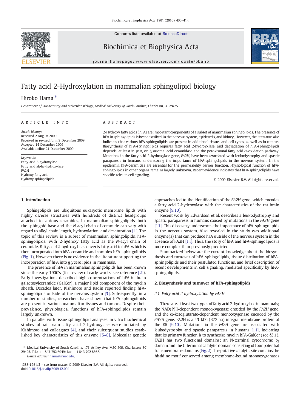 Fatty acid 2-Hydroxylation in mammalian sphingolipid biology