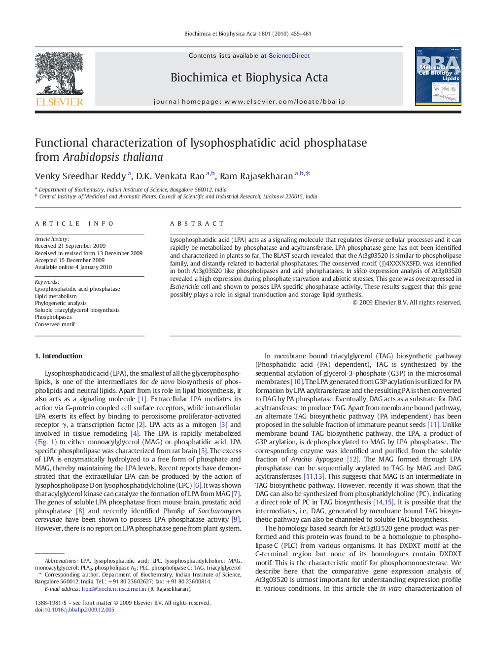 Functional characterization of lysophosphatidic acid phosphatase from Arabidopsis thaliana