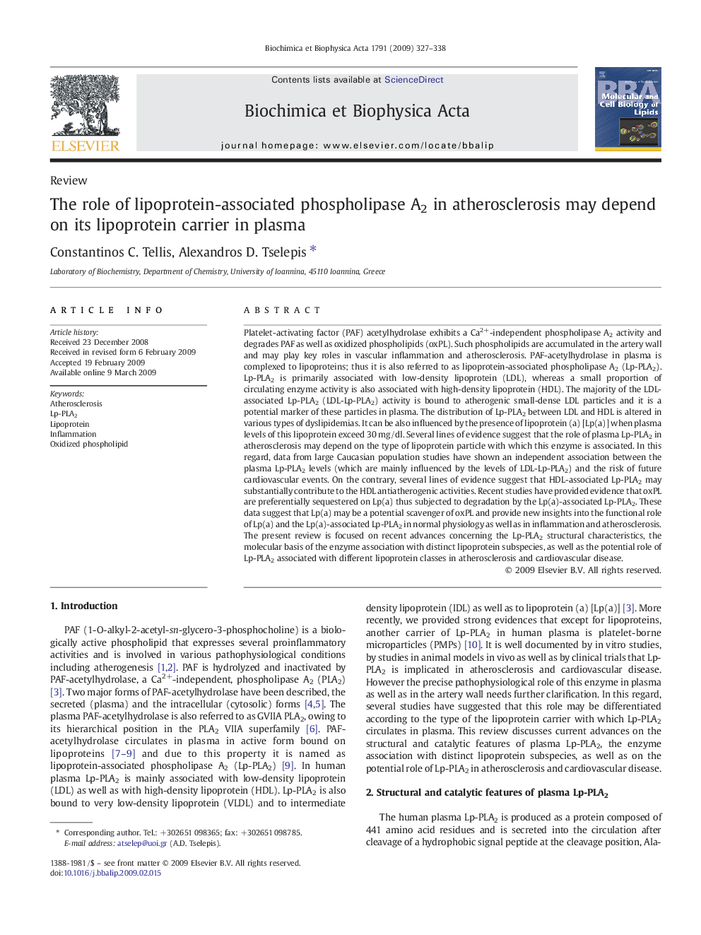 Τhe role of lipoprotein-associated phospholipase A2 in atherosclerosis may depend on its lipoprotein carrier in plasma