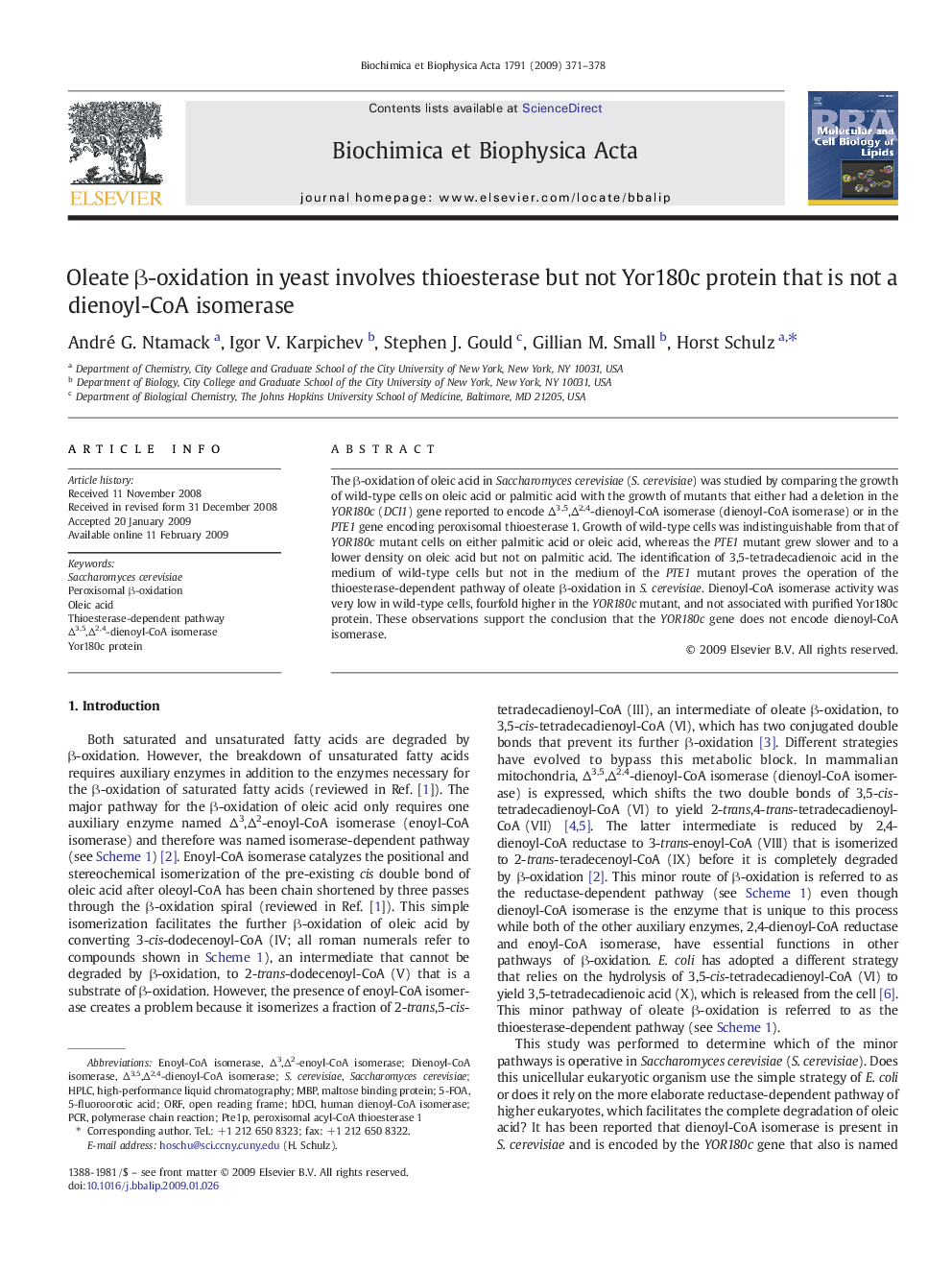 Oleate β-oxidation in yeast involves thioesterase but not Yor180c protein that is not a dienoyl-CoA isomerase