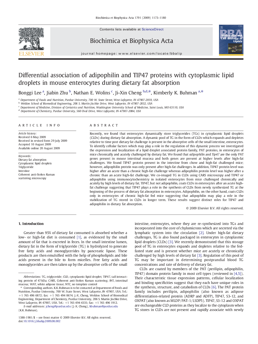 Differential association of adipophilin and TIP47 proteins with cytoplasmic lipid droplets in mouse enterocytes during dietary fat absorption