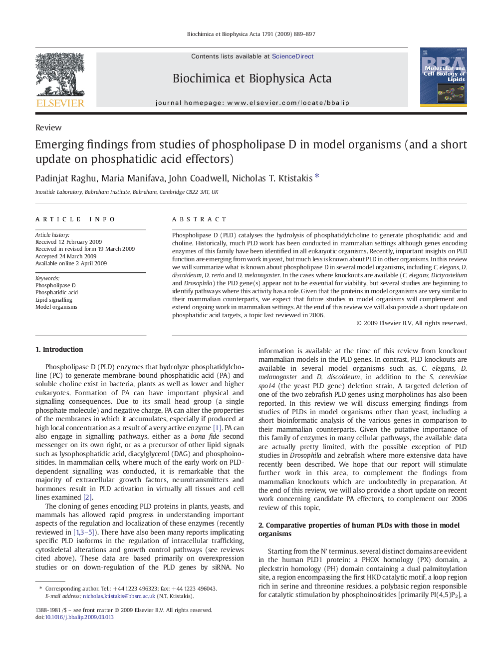 Emerging findings from studies of phospholipase D in model organisms (and a short update on phosphatidic acid effectors)